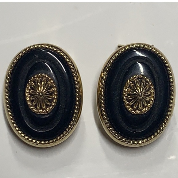 Antique Black and Gold Oval Earrings - Picture 1 of 4